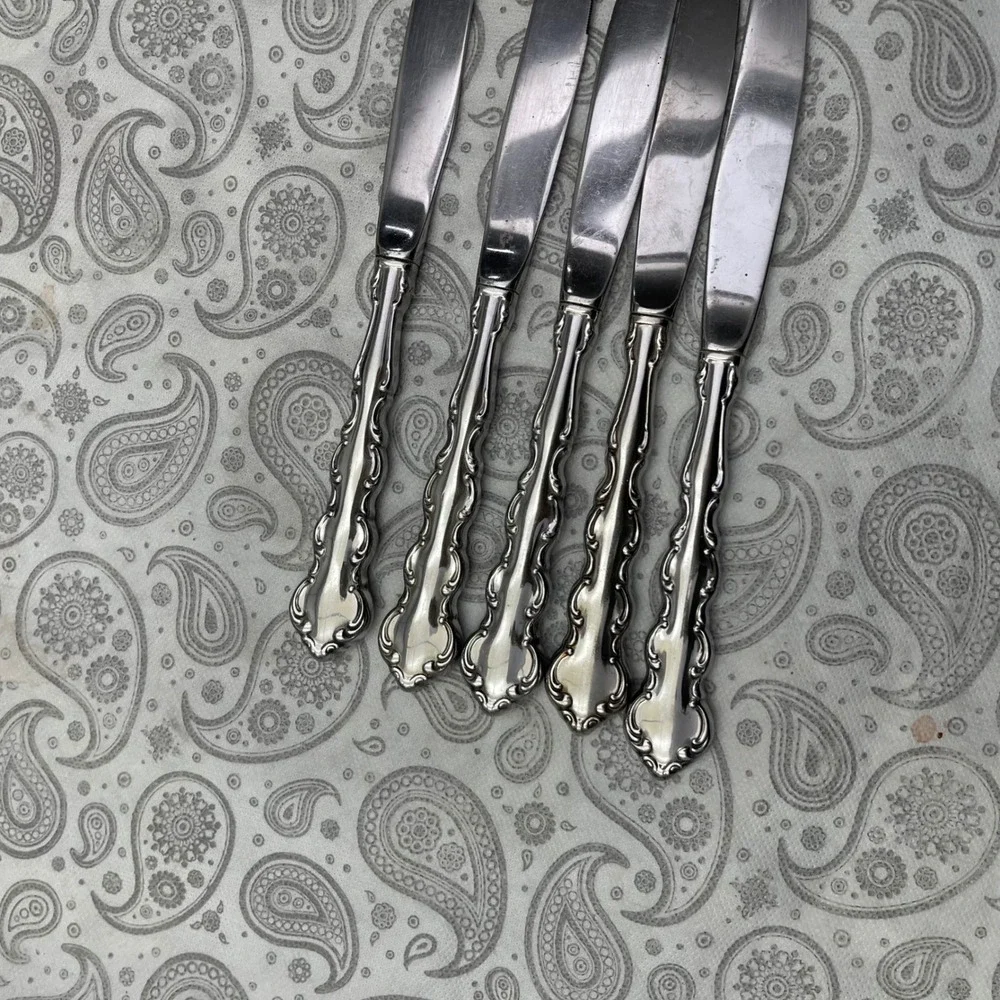 Vintage Style Stainless Steel Dinner Knives Set of 5 Ornate Handle